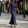 thumbnail image 4 of Iyufng Women Round Neck Batwing Sleeve Satin Maxi Dress, Ruched High Waist Side Slit Long Formal Gown with Pockets, Women's Elegant Wedding Guest Cocktail Party Evening Dress, 4 of 5