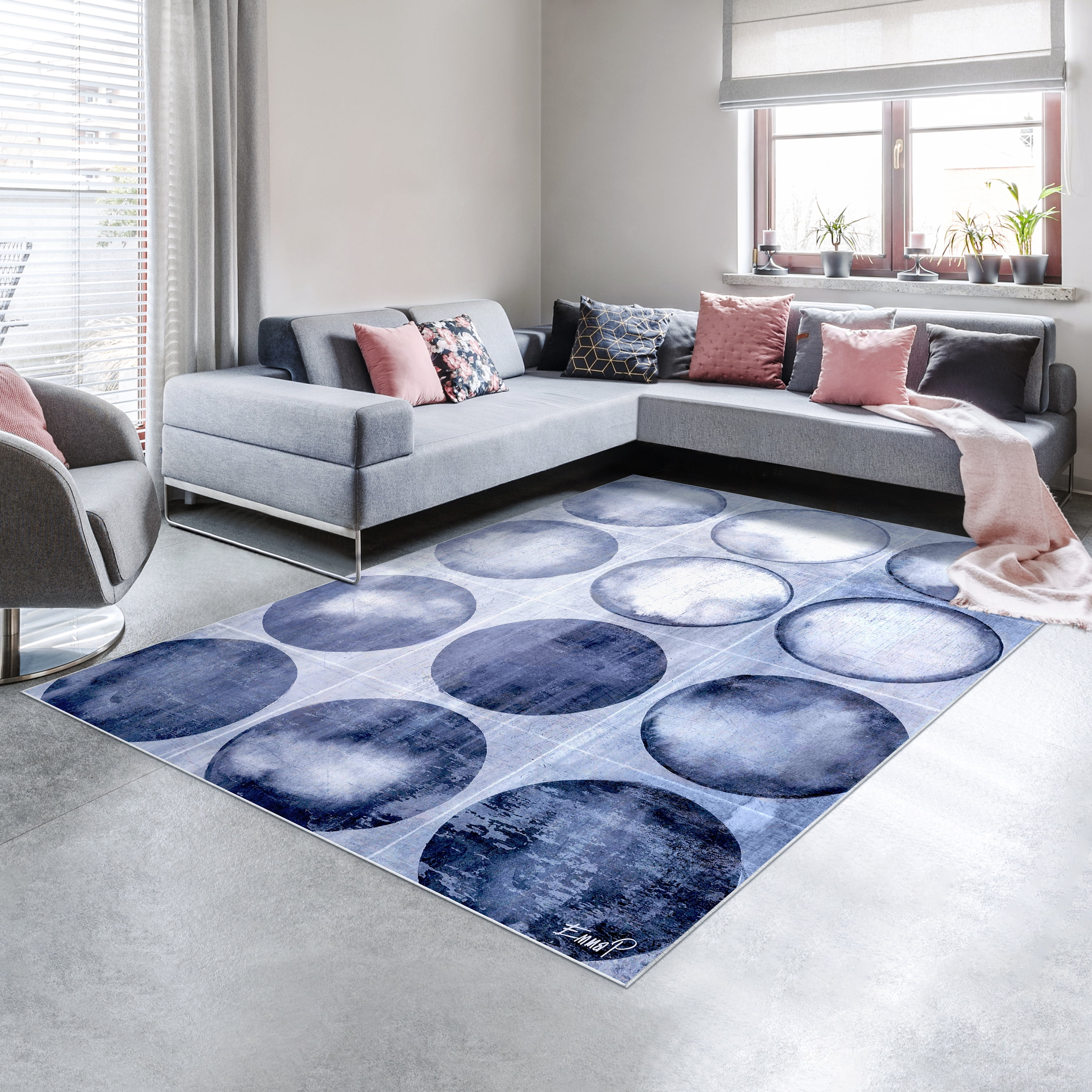 Circles of Blue I Washable Geometric Art Area Rug size 8'x10', Power-loomed, Heavenly Softness with Non-Slipping Backing