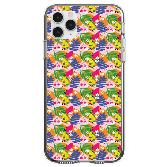 DistinctInk Clear Shockproof Hybrid Case for iPhone 11 (6.1" Screen) - TPU Bumper, Acrylic Back, Tempered Glass Screen Protector - Summer Vibes Floral Pattern Blue Orange Pink