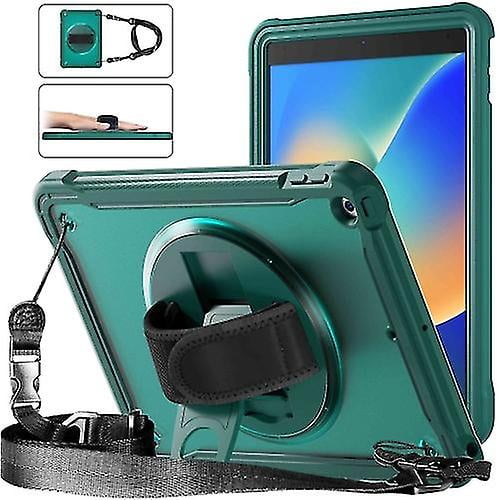 funda híbrida resistente con asa y correa para ipad 10.2 (2021/2020/2019) verde oscuro, vista 3/4 que muestra carcasa trasera rígida de PC con parachoques de TPU, mango giratorio 360° con banda ajustable, correa de hombro desmontable y anillas, borde elevado sobre la cámara y recortes precisos para botones y puertos; apta también para usarse como soporte manos libres para lectura o presentaciones.