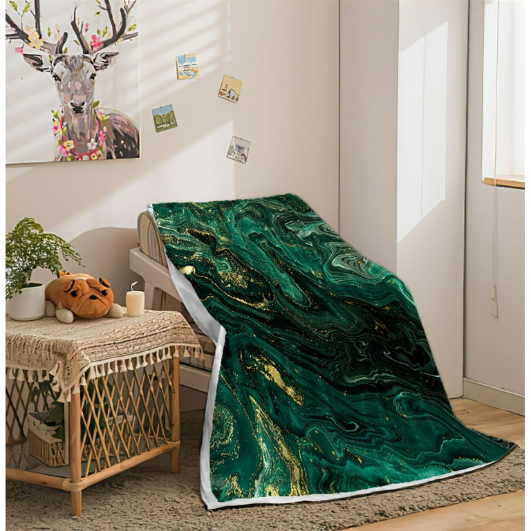 Dark Green Marble Throw Blanket Green Gold Fluid Abstract Modern Flannel Bed Throw Blanket Plush Warm Throw Blankets for Couch Sofa Bed Throws Gozy