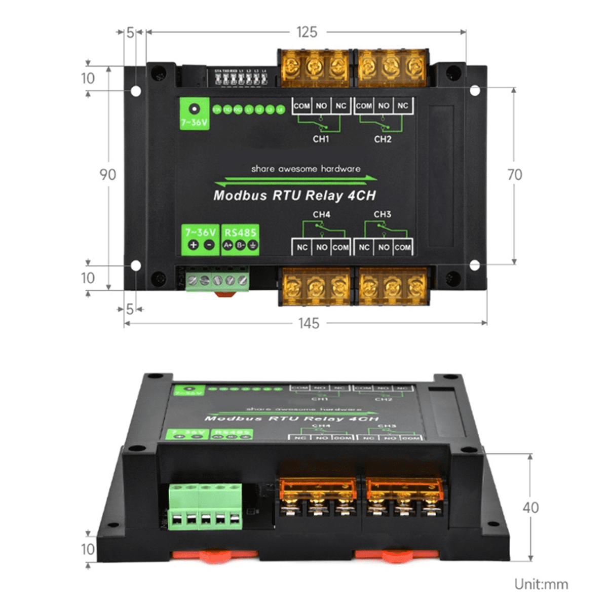 DIN-Rail 4 Channel Relay Module Modbus RTU Protocol RS485 High Current Relay Module Variety Isolation Protection Circuit,1 * Relay Modules,Black