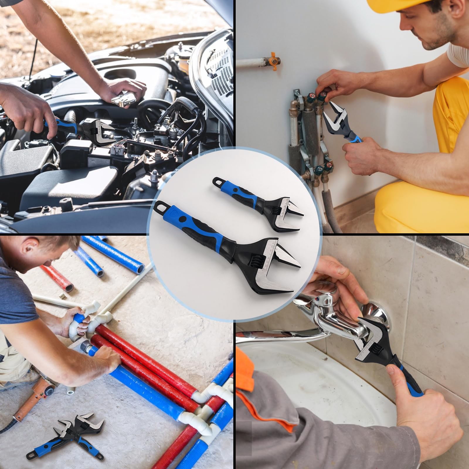 2 Pcs Wide Opening Adjustable Wrench Set, 6 Inch & 10 Inch Deep Jaw Wrenches, for Home, Garage, and Workshop DIY