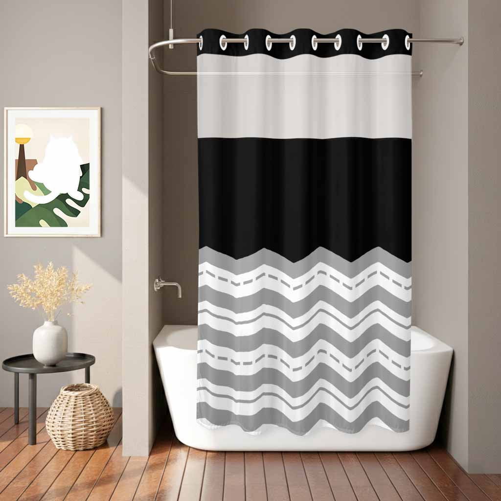 No Hook Shower Curtain Grey Waves Shower Curtain for Bathroom Black Chevron Stripe Bath Curtains Waterproof Fabric with See Through Top Window for Spa Hotel 36x72 Inch