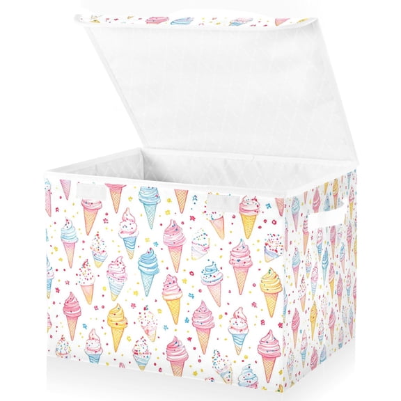 Yayeee Collapsible Cube Storage Bin with Lid Fabric Closet Decorative Basket with Handles, Colorful Ice Cream Pattern