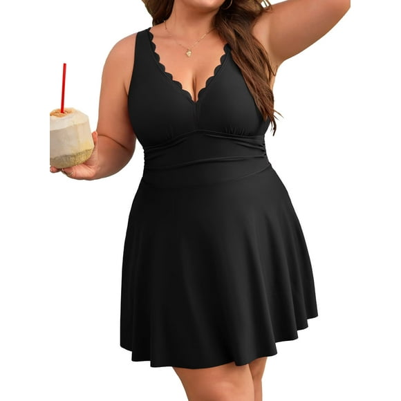 Charmo Plus Size Scalloped V Neck Swimwear for Womens One Piece Swimsuits Tummy Control Swimdress Bathing Suits with briefs