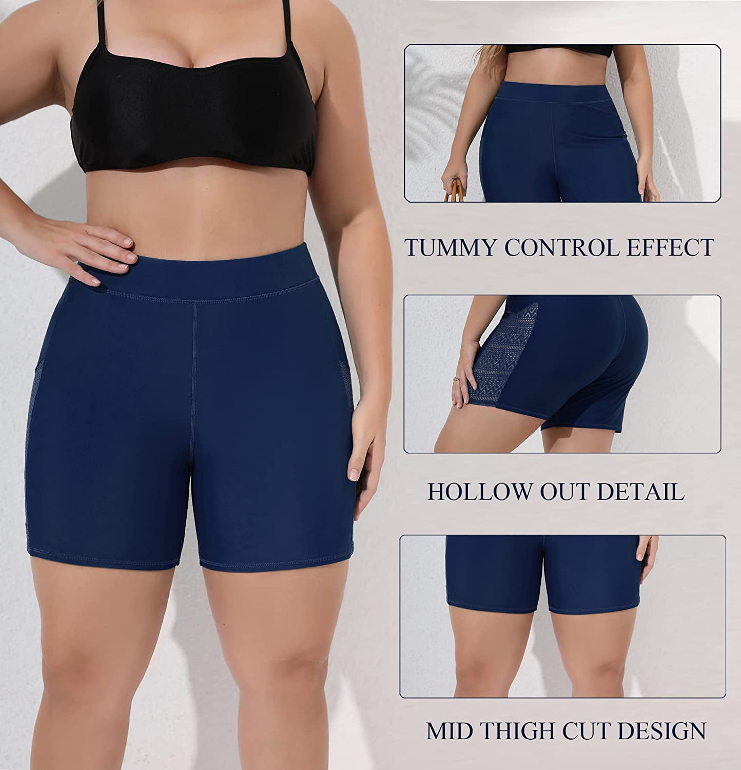 ALove Women's Plus Side High Rised Swim Shorts Tummy Control Hollow Out Swim Bottoms