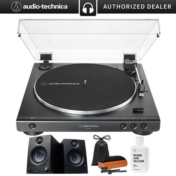 Audio-Technica AT-LP60X-BK Fully Automatic Belt-Drive Stereo Turntable 33-1/3 & 45 RPM Bundle w/ PreSonus Eris 3.5 Studio Monitors Vinyl Care Kit 4-in-1: Cleaning Liquid,2x Brush Care Solution