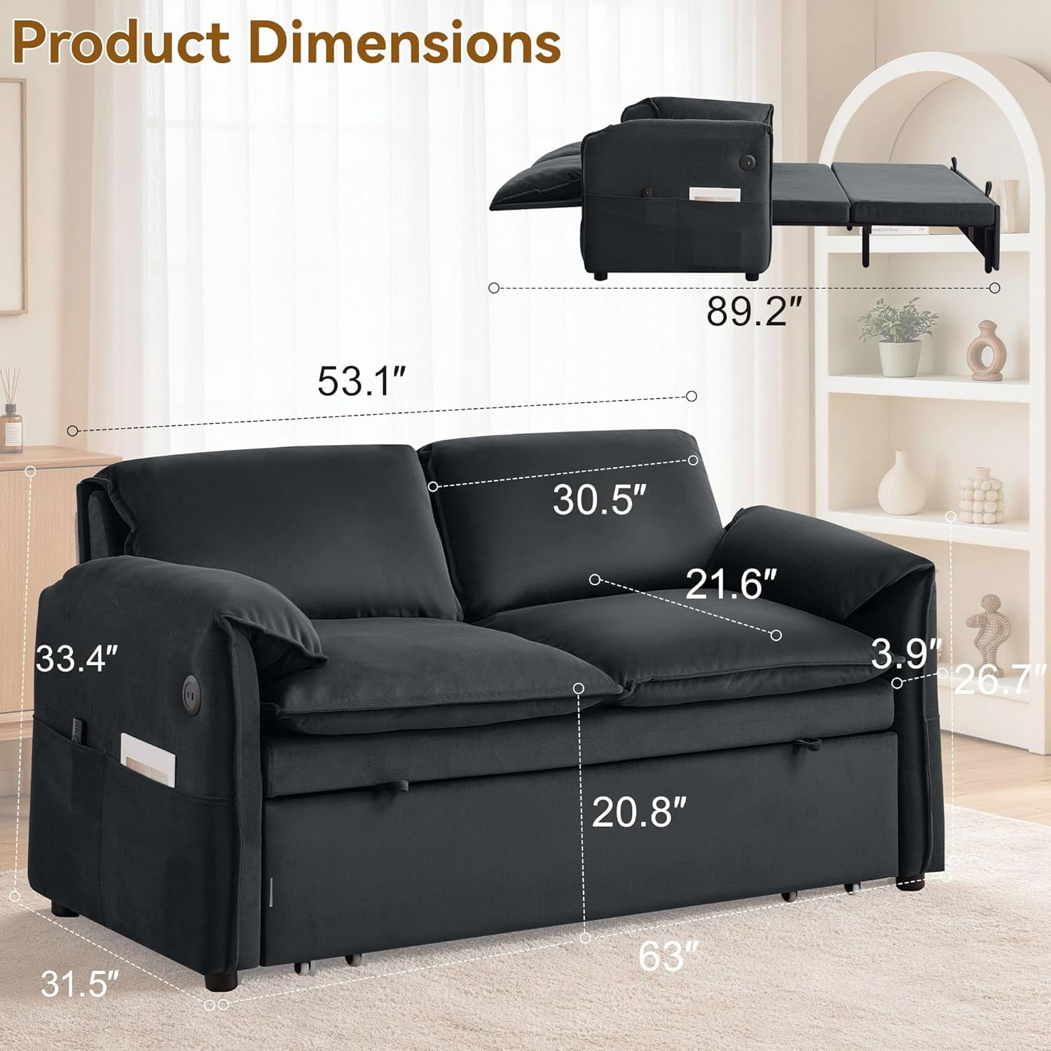 63" Velvet Pull Out Couch, 3-in-1 Convertible Sleeper Sofa Bed with Adjustable Backrest, USB Charging Ports, Side Pockets, Modern Loveseat for Living Room, Bedroom, Apartment, Dark Grey