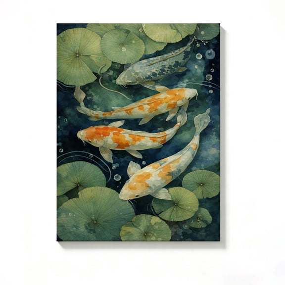 FLASHLUMI 8x12 Inch Watercolor Koi Fish with Lotus Leaves Art Print Canvas Wall Art, Traditional Asian Decor for Living Room Bedroom, No Frame