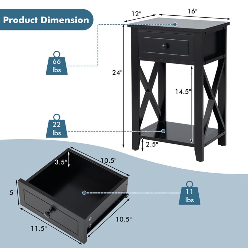 Finihen End Table, Storage End Bedside Drawer Nightstand w/ Bottom Shelf, Sofa Side Table, Bed Side Table, for Living Room, Bedroom, Black Finihen End Table, Storage End Bedside Drawer Nightstand w/ Bottom Shelf, Sofa Side Table, Bed Side Table, for Living Room, Bedroom, Black