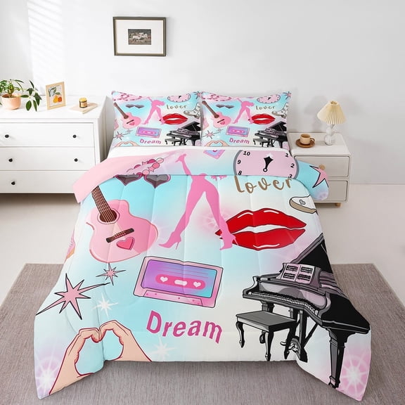 Erosebridal Guitar Piano Bedding Twin Comforter Set,Gradient Ombre Down Comforter,Music Theme Bedding Sets Twin with Comforter,Lightweight Dreamy Bedroom Decorative,Reversible,3pcs