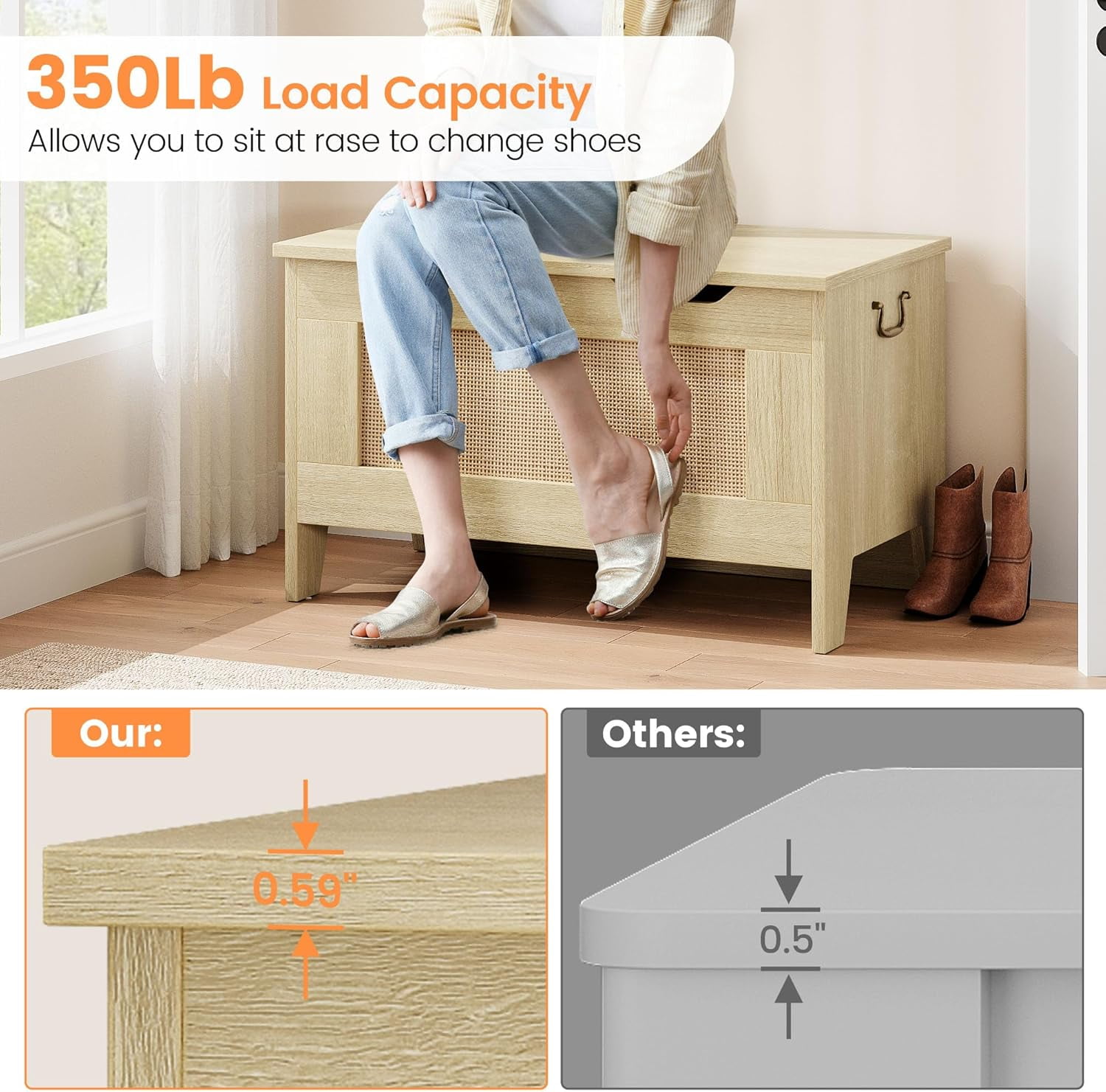 Towallmark Storage Chest, Rattan Toy Chest, 30" Wooden Storage Bench with Safety Hinge, Blanket Chest, Entryway Bench, Supports 350 lb, Storage Trunk for Living Room, Bedroom, Playroom, Natural Oak