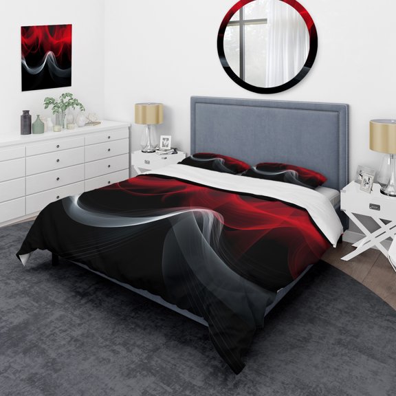 Designart "Contemplative Abstraction in Red and Black (XI)" Modern Waves Bedding Covert Set - Abstract Modern Waves Red Abstract Bed Set With 2 Shams