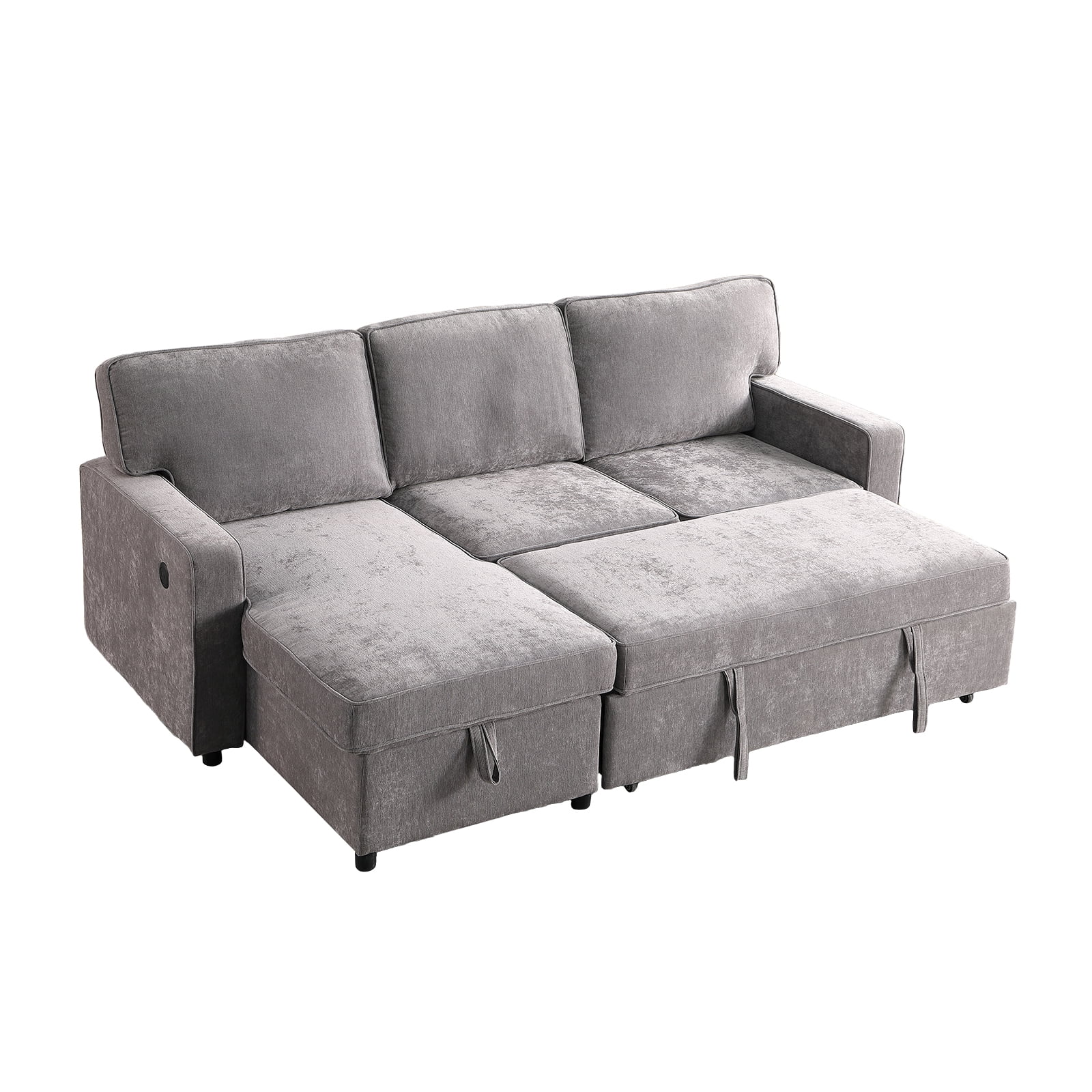 Aukfa Chenille Pull Out Sofa Bed, Reversible Sectional Couch with Storage Chaise, USB/Type-C, Beige
