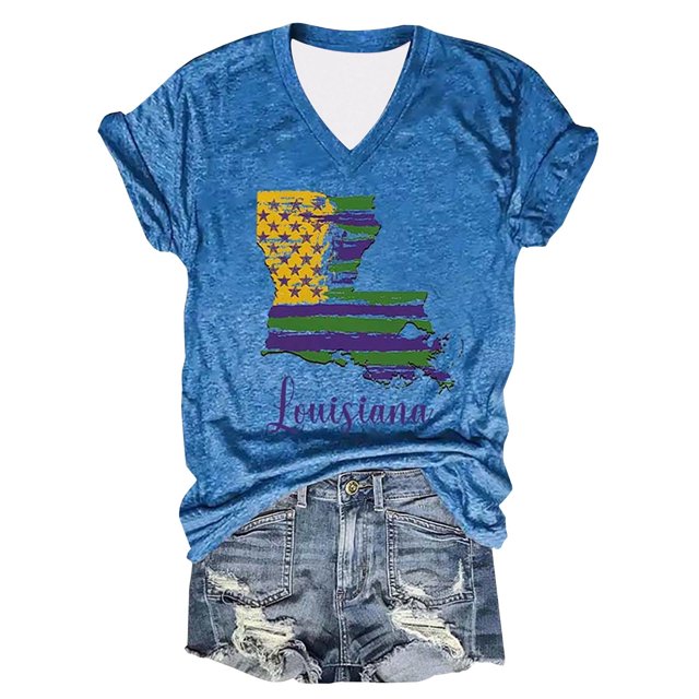 Camiseta de Manga Corta con Cuello en V Impresa para las Mujeres, 95% Poliéster 5% Spandex Vintage Top Ligero para Diario, Fiesta Y Primavera