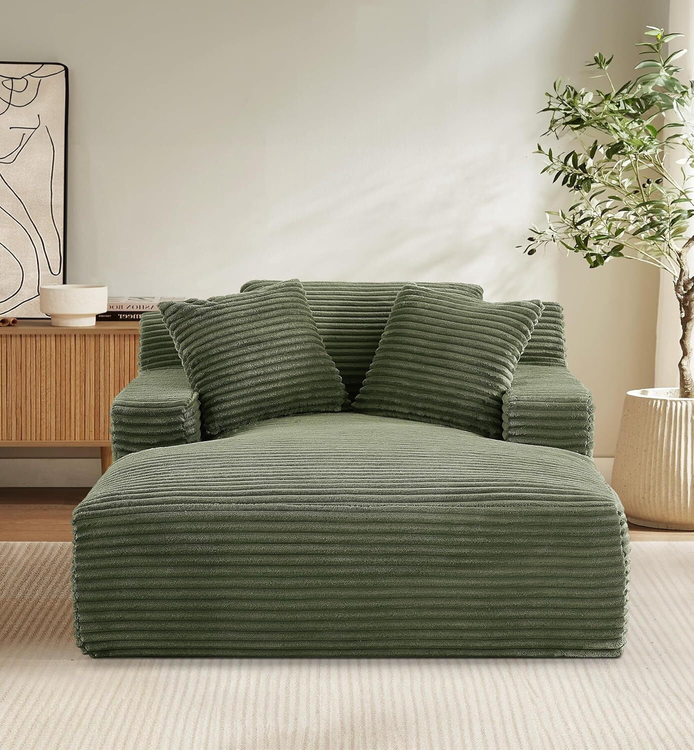 AENKYO Oversized Corduroy Chaise Lounge Chair – Extra Wide Cloud Couch Daybed with 3 Pillows, No Assembly, Deep Seat Sleeper Sofa for Living Room & Bedroom, Green