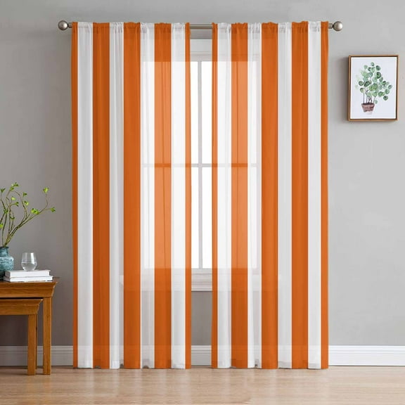Burnt Orange Striped Sheer Curtains 84 Inches Long 2 Panels Set, Window Sheer Curtains for Living Room/Bedroom, Thanksgiving Orange White Stripes Light Filtering Rod Pocket Curtain 52'' x 84'' x 2