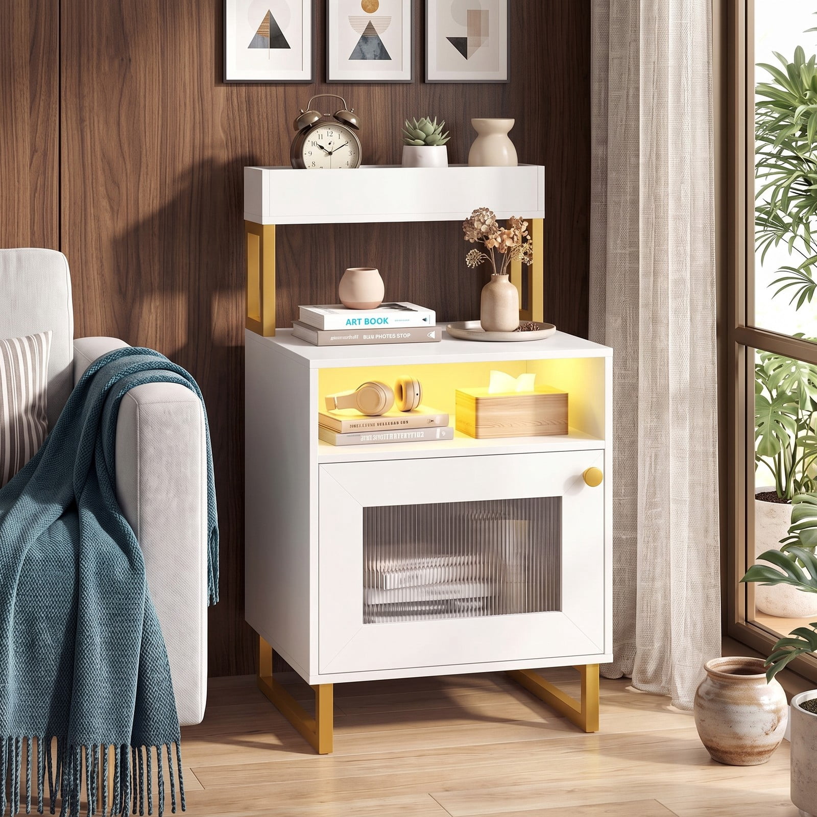 Furnibear Nightstand with LED Lights and Fluted Glass Cabinet Door plus Open Compartment and Raised Display Shelf for Bedroom and Living Room, White