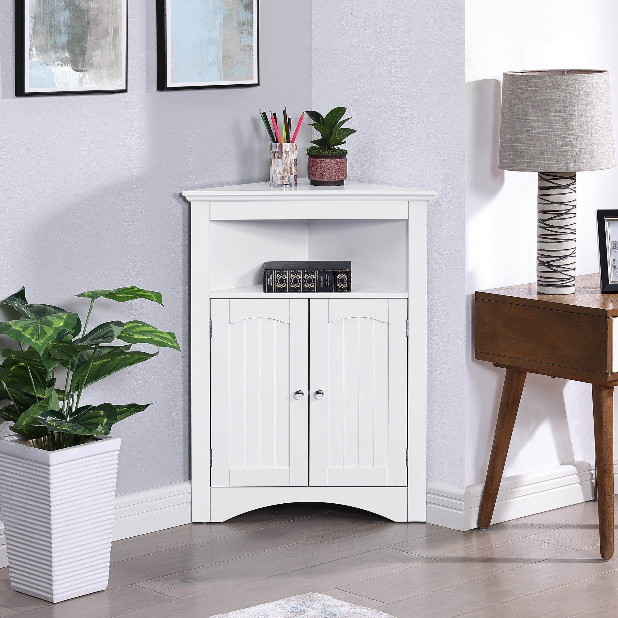 Small Corner Cabinet, Wood Corner Storage Organizer with 2 Doors, Adjustable Shelves, Open Storage, Pantry Cabinet for Living Room, Kitchen, Bathroom