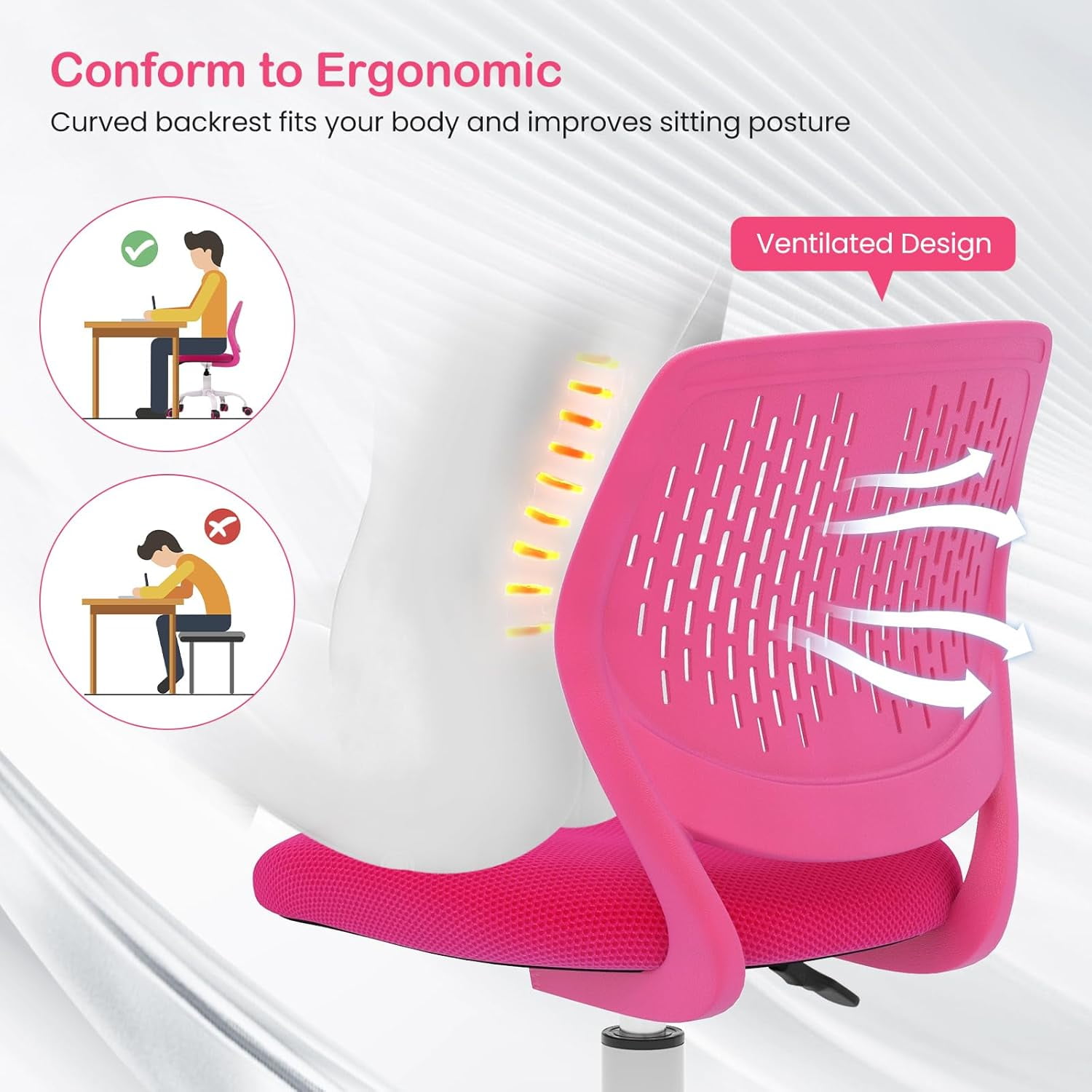 GLACER  Desk Chair, Armless Study Chair with Adjustable Height & Swivel, Low Back, Ergonomic Rolling Office Chair Computer Chair for Teens, Children (Rose)