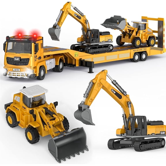 LINXUXIE Construction Toys Set, Kids Engineering Vehicles with Truck & Excavator & Bulldozer, Birthday Gifts for 1-3 3-5 5-8 Year Old