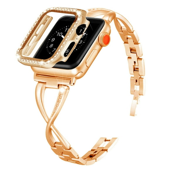 Dwitch Compatible for Bling Apple Watch Band Case 38mm,Women Girls Metal Sparkle Diamond Strap with Bling Diamond Bumper Protective Case Cover Designed for Apple Watch Series iWatch 3/2/1,Rosegold