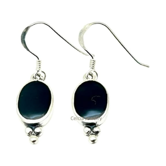 Real 925 Sterling Silver Dangle Drop Earrings For Women, Genuine Black Onyx Oval Gemstone Amazing Handcrafted Designing Earrings For Her