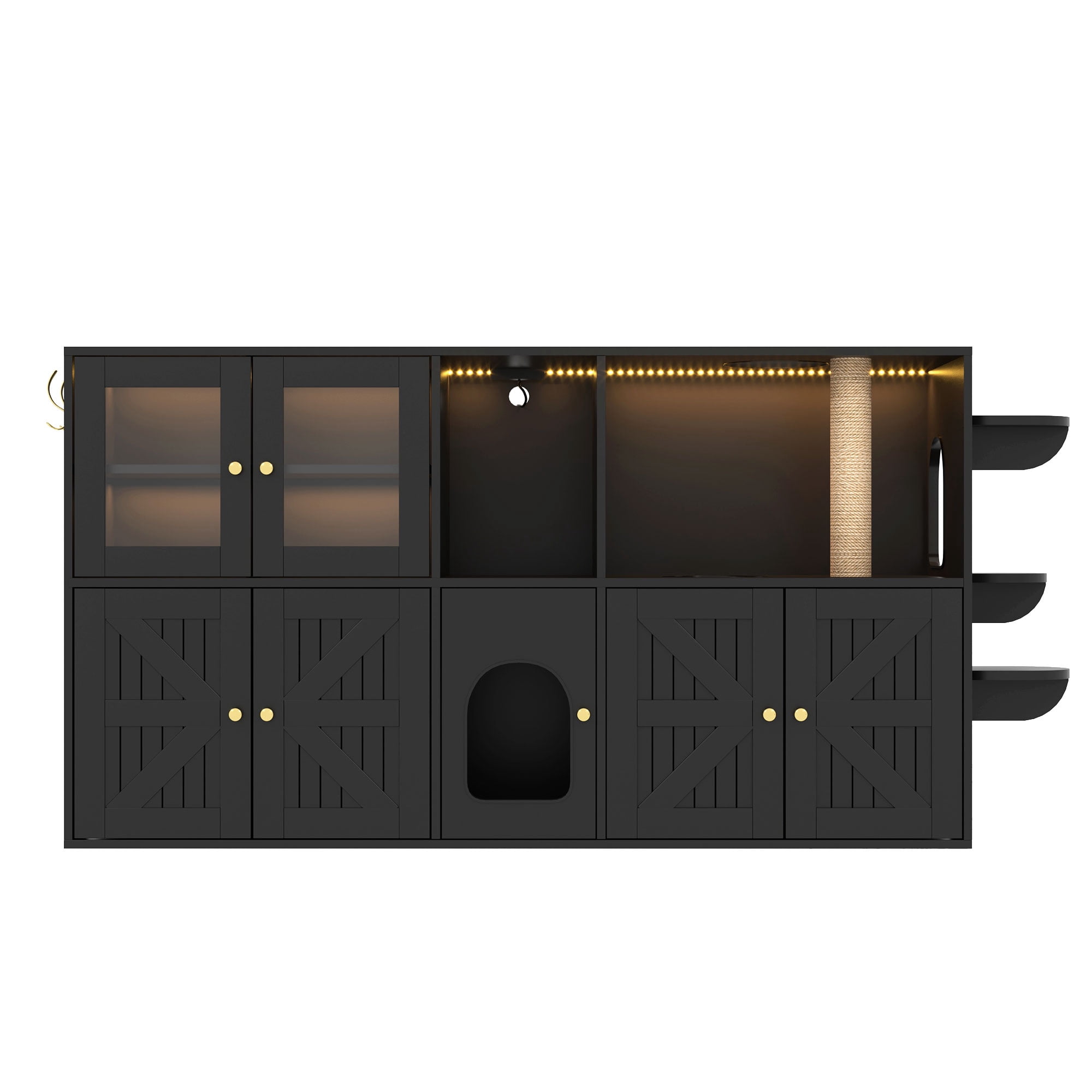 Aukfa 73.2" Cat Litter Box Enclosure TV Stand Furniture with Built-in Scratching Post & LED,Black