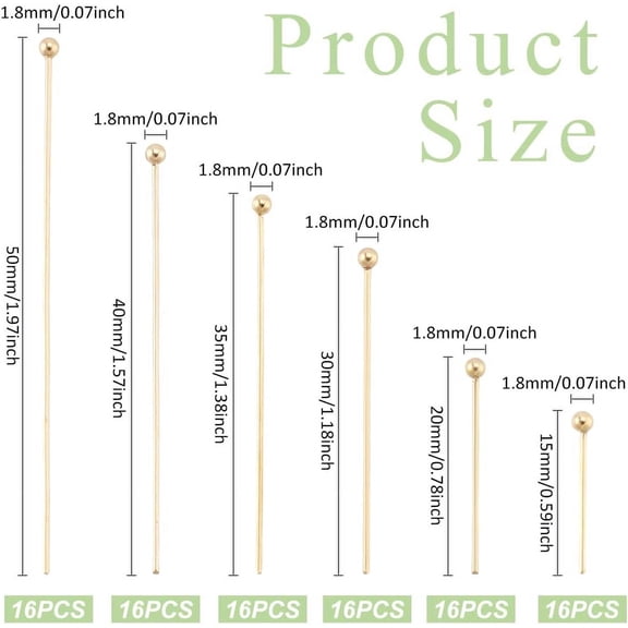 1set 96pcs 6 styles 304 Stainless Steel Ball Head Pins golden 22 Gauge 15~50x0.6mm Head: 1.8mm 16pcs/style