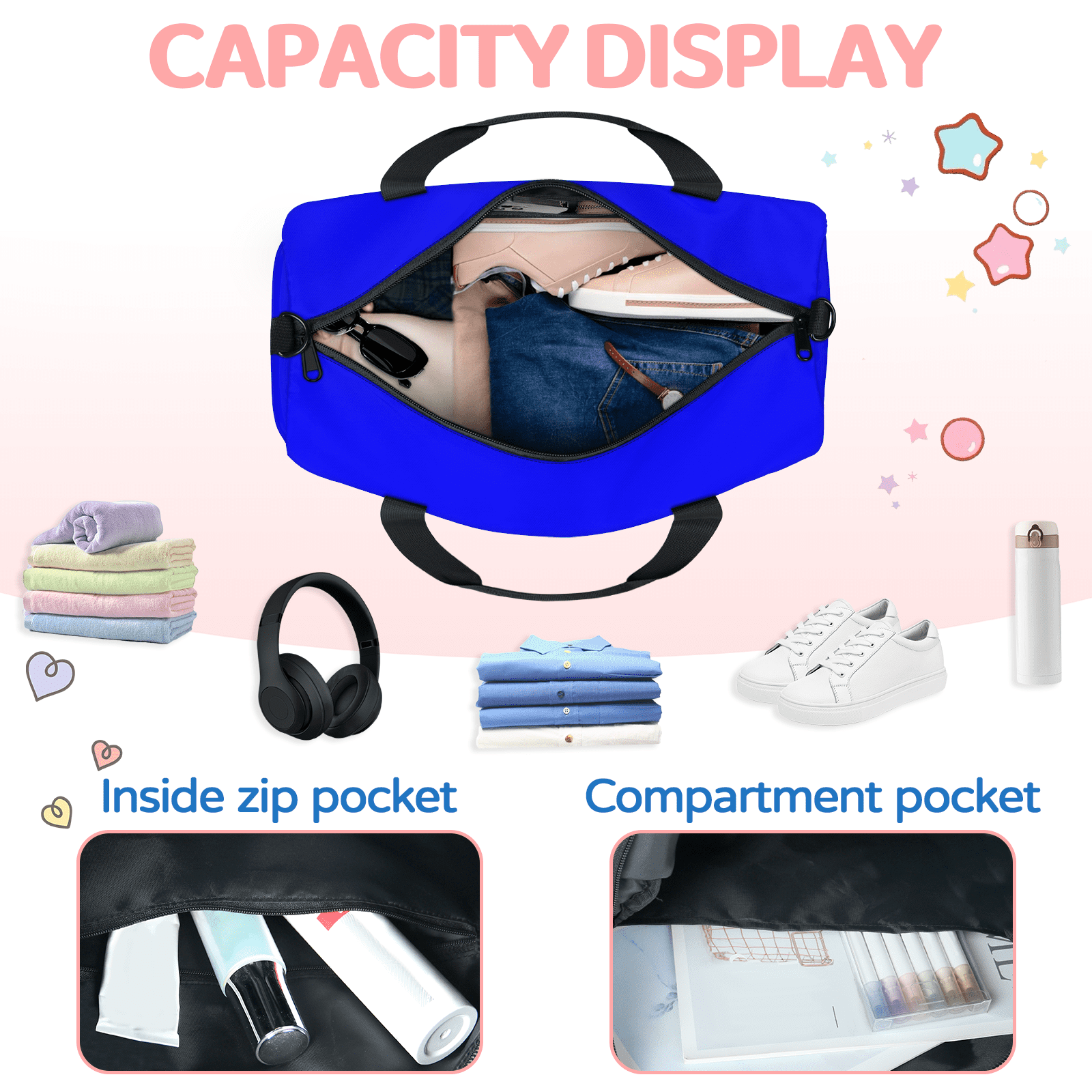 Herdesigns Blue Travel Duffle Bag Sports Yoga Weekender Overnight Carry on Workout Bags Lightweight Waterproof Gym Tote Bag for Women