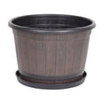 thumbnail image 2 of Planters for Outdoor Plants Imitation Whiskey Barrel Plastic Flower Pot 8.85 Inch, Wood Grain Decorative Planter with Drainage Holes & Matching Saucer for Garden Balcony Indoor Potted Plant Decor, 2 of 7