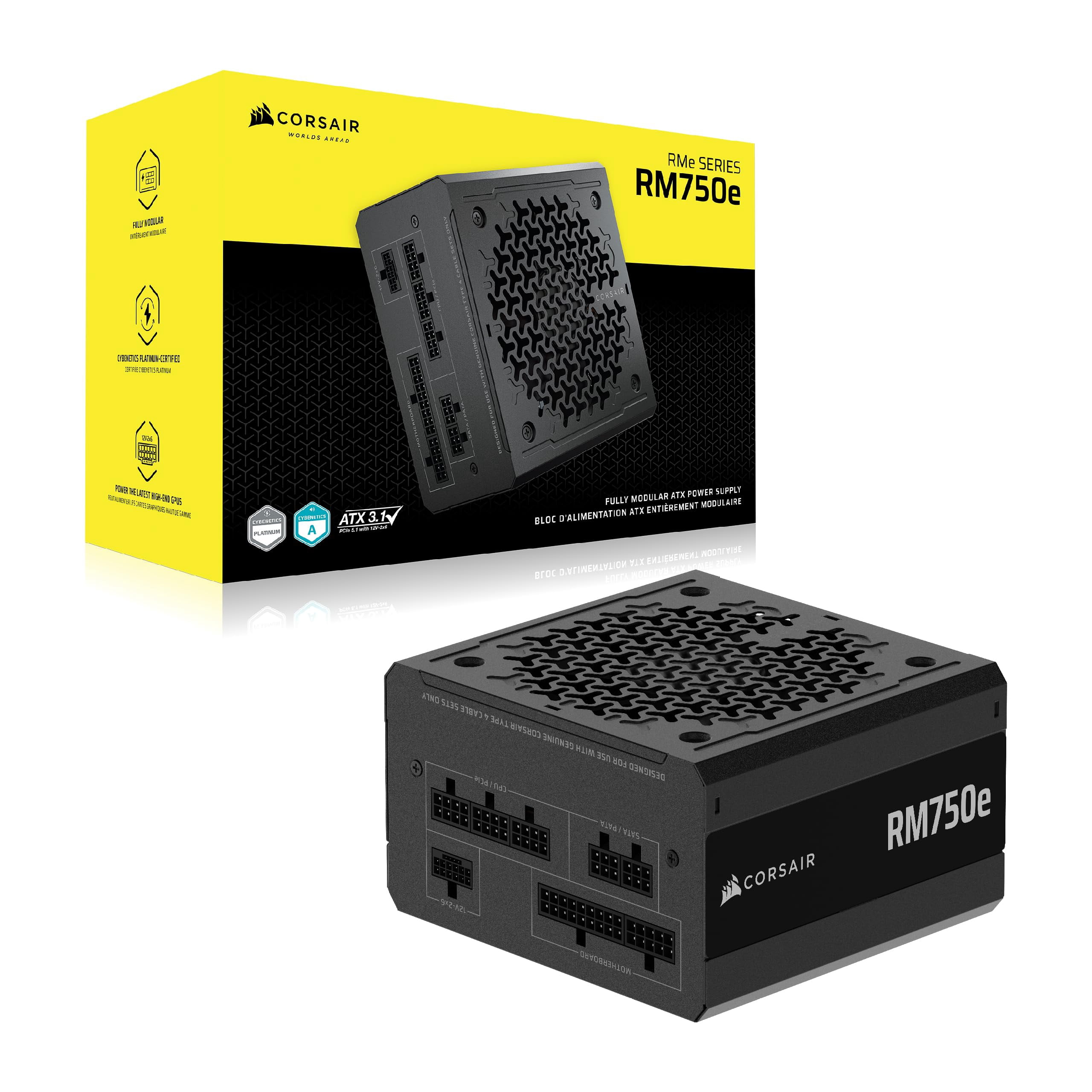 CORSAIR RM750e ATX 3.1 PCIe 5.1 Ready Fully Modular 750W Power Supply  12V-2x6 Cable Included, Cybenetics Gold Efficiency, 105C-Rated Capacitors, Modern Standby Mode  Black