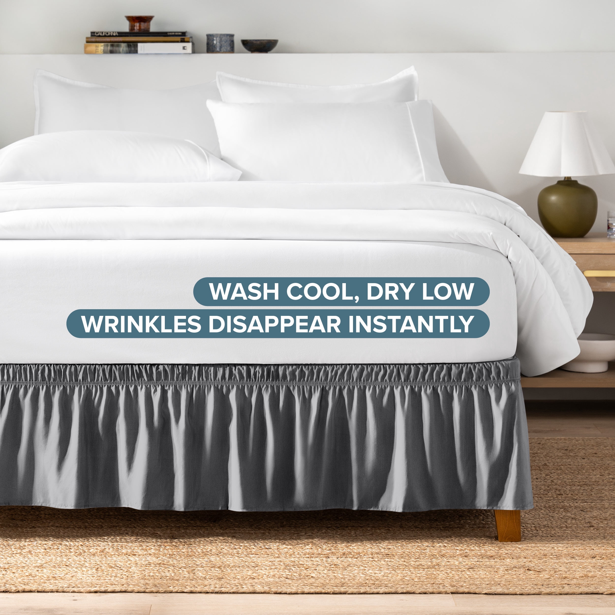 Bare Home Adjustable Wrap Around Bed Skirt - 15 Inch Drop - Easy Fit - Ruffle Pleats - Queen, Gray