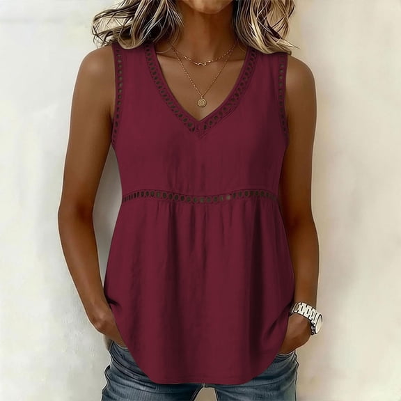 HongQid V Neck Sleeveless Tank Top for Women Eyelet Lace Peplum Blouse with Pockets and Flowy Hem