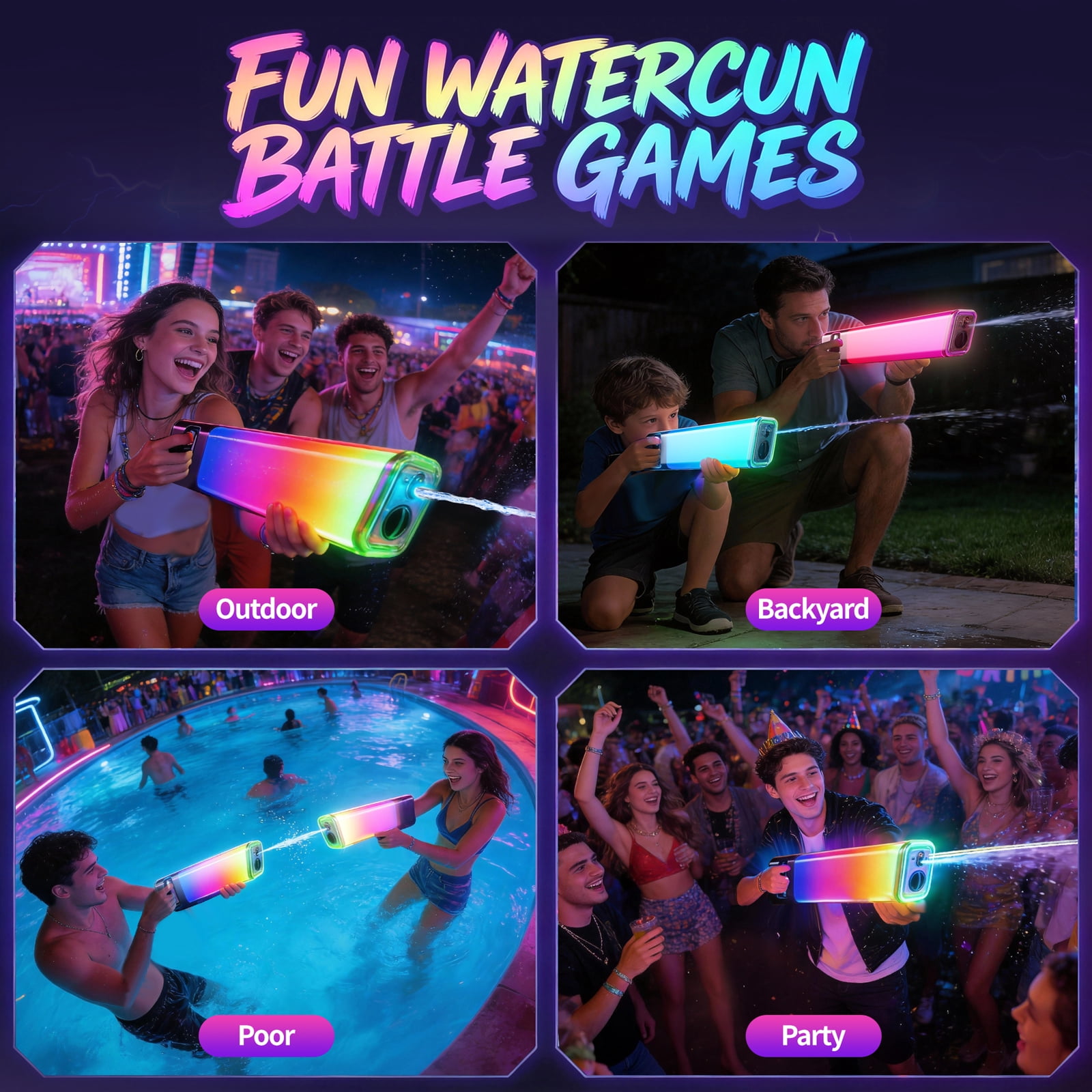 Large Colorful Electric Water Gun, LED Light Sensor Trigger, 1250ML Ultra Large Capacity, Long Battery Life 32 Minutes, Fun Outdoor Toy