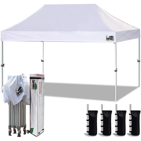 Eurmax 10'x15' Ez Pop Up Canopy Tent Commercial Instant Canopies with Heavy Duty Roller Bag,Bonus 4 Sand Weights Bags（White)