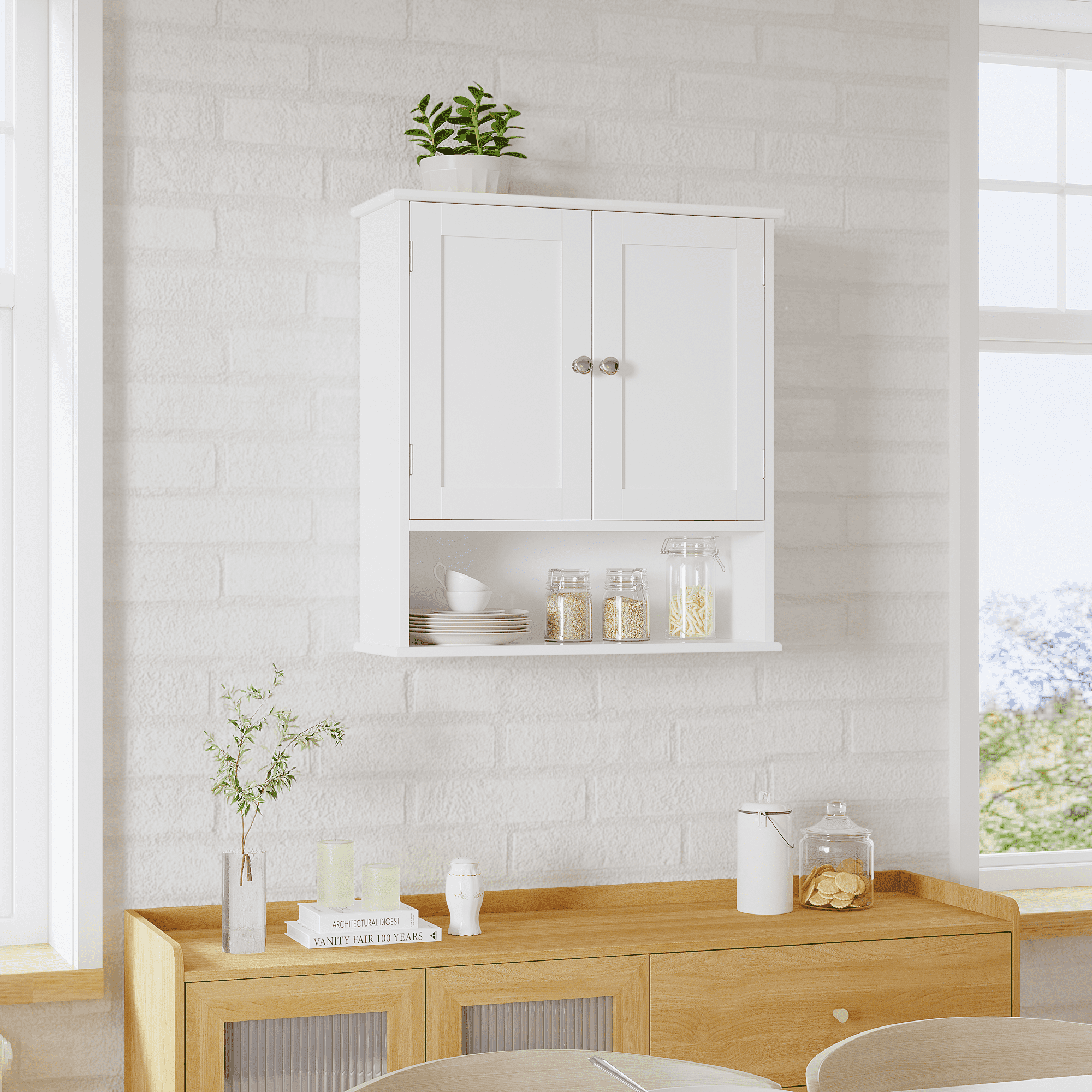 White MDF Wall Mounted Bathroom Cabinet with Door and Adjustable Shelves, 3-Tier Over Toilet Storage, 23.6 x 7.9 x 25.6 in