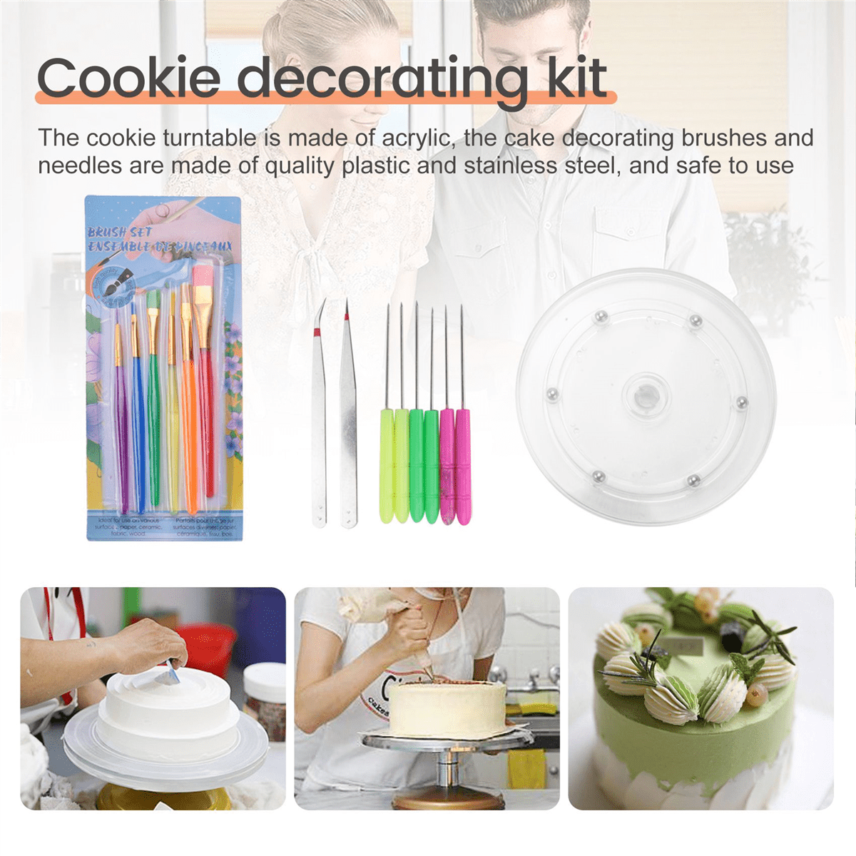 15 Pcs Cookie Decorating Kit Supplies,Cookie Turntable,Cookie  Brushes,Scriber Needles for Kitchen 