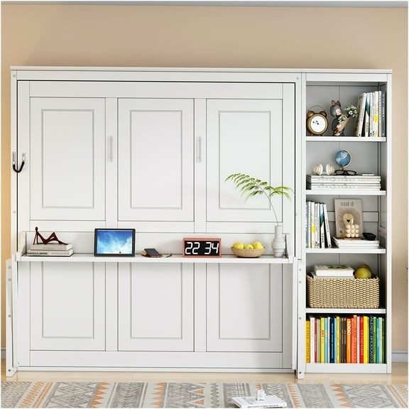 JERFIT White Queen Murphy Bed with Desk Bookshelf, Space Saving Wall Bed with Storage for Small Spaces