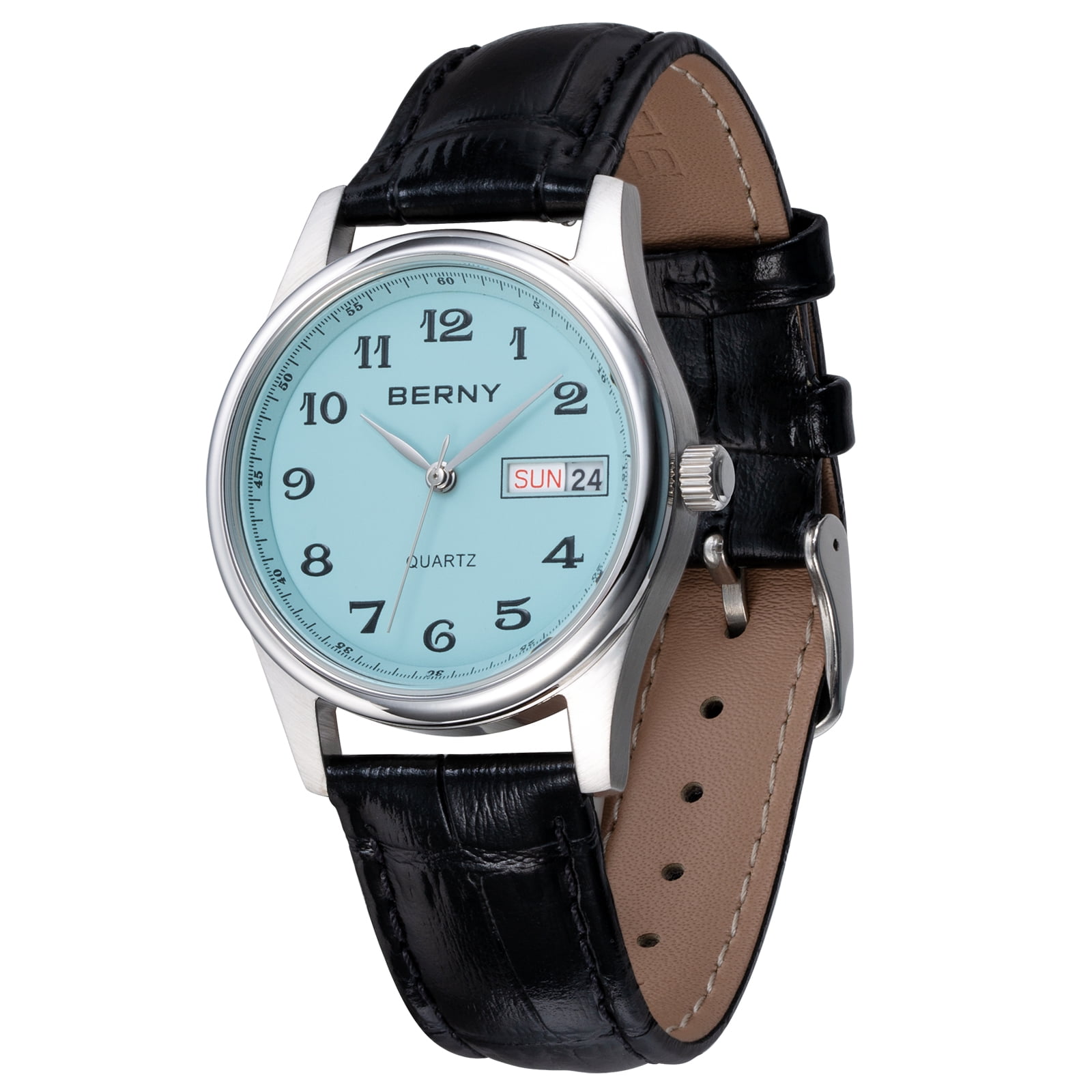 BERNY Quartz Watch for Women Classic Arabic Numerals Easy to Read Dress Womens Wrist Watch with Leather Strap, 3ATM Waterproof Day & Date Calendar Gift watch -Light Blue Dial