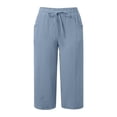 thumbnail image 2 of Women Wide Leg Pants Summer High Waisted Pants Drawstring Casual Trousers with Pockets Light Blue M, 2 of 7