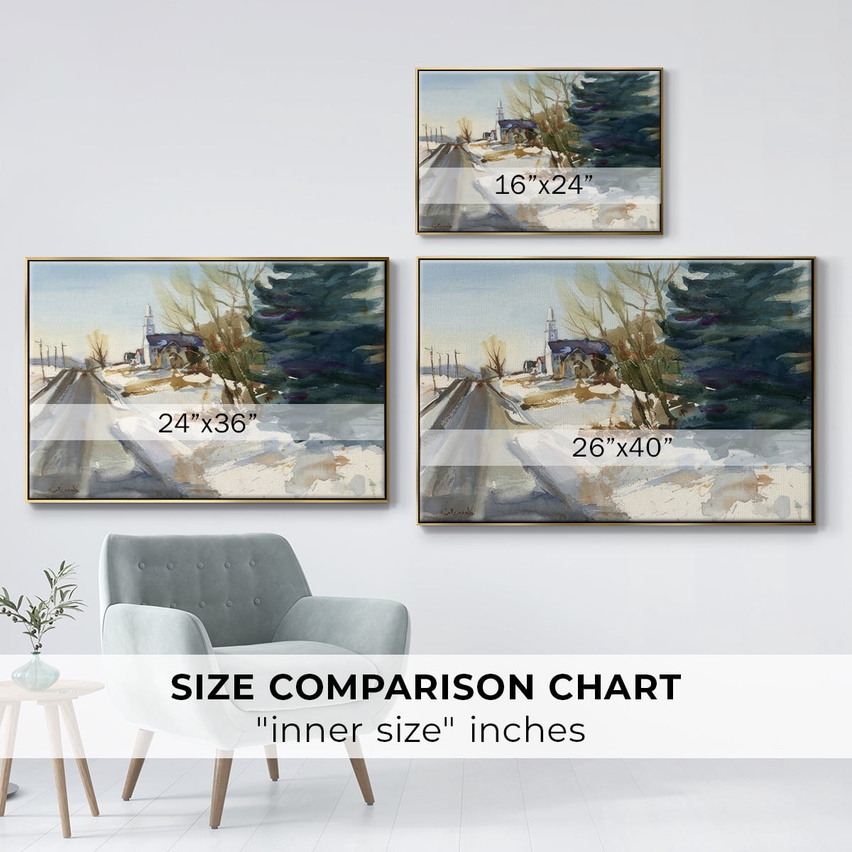 Congregational Church in Winter - Framed Gallery Wrapped Holiday Canvas - 17 x 25 - Gold Frame