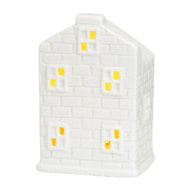 White Ceramic Christmas Village Houses, LED Lighted Ceramic Winter Village Building Figurines, Xmas Holiday Farmhouse Rustic Decor for Home Table Room
