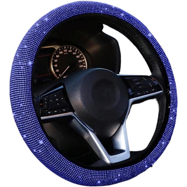Car Diamond-studded Steering Wheel Cover without Inner Ring, Full of Diamonds, Hot Diamonds, Full of Diamonds, Elastic Handle Cover(Light blue diamond), 38cm