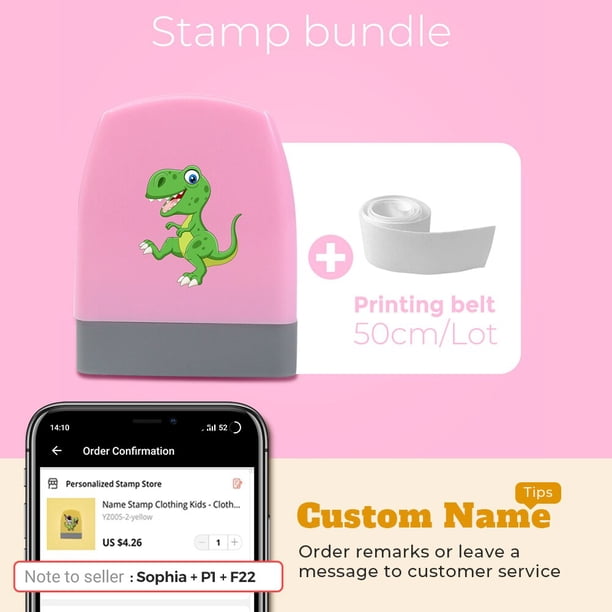 Sello de nombre personalizado de dinosaurio de dibujos animados para ropa, lindo juguete de nombre personalizado para bebé, estudiante, sección de ropa