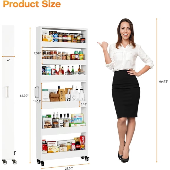 Slim Storage Cart, Lightweight 6 Tier Metal Rolling Utility Kitchen Cart on Wheels, Mobile Storage Shelving Unit Organizer for Bathroom Laundry Office Narrow Places (White, 6" D)