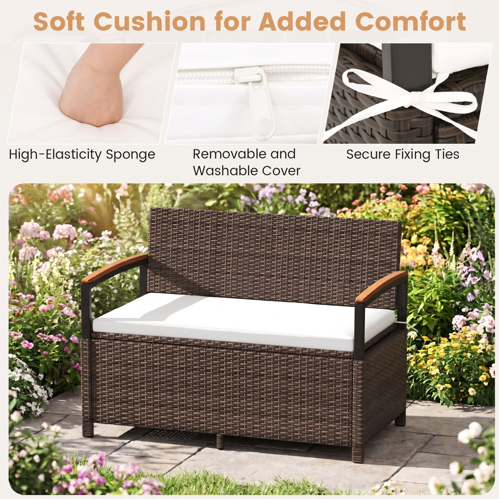 Biotree Outdoor Storage Bench Deck Box Patio Furniture with Cushion Outdoor Waterproof for Patio Deck Garden Cushions, White