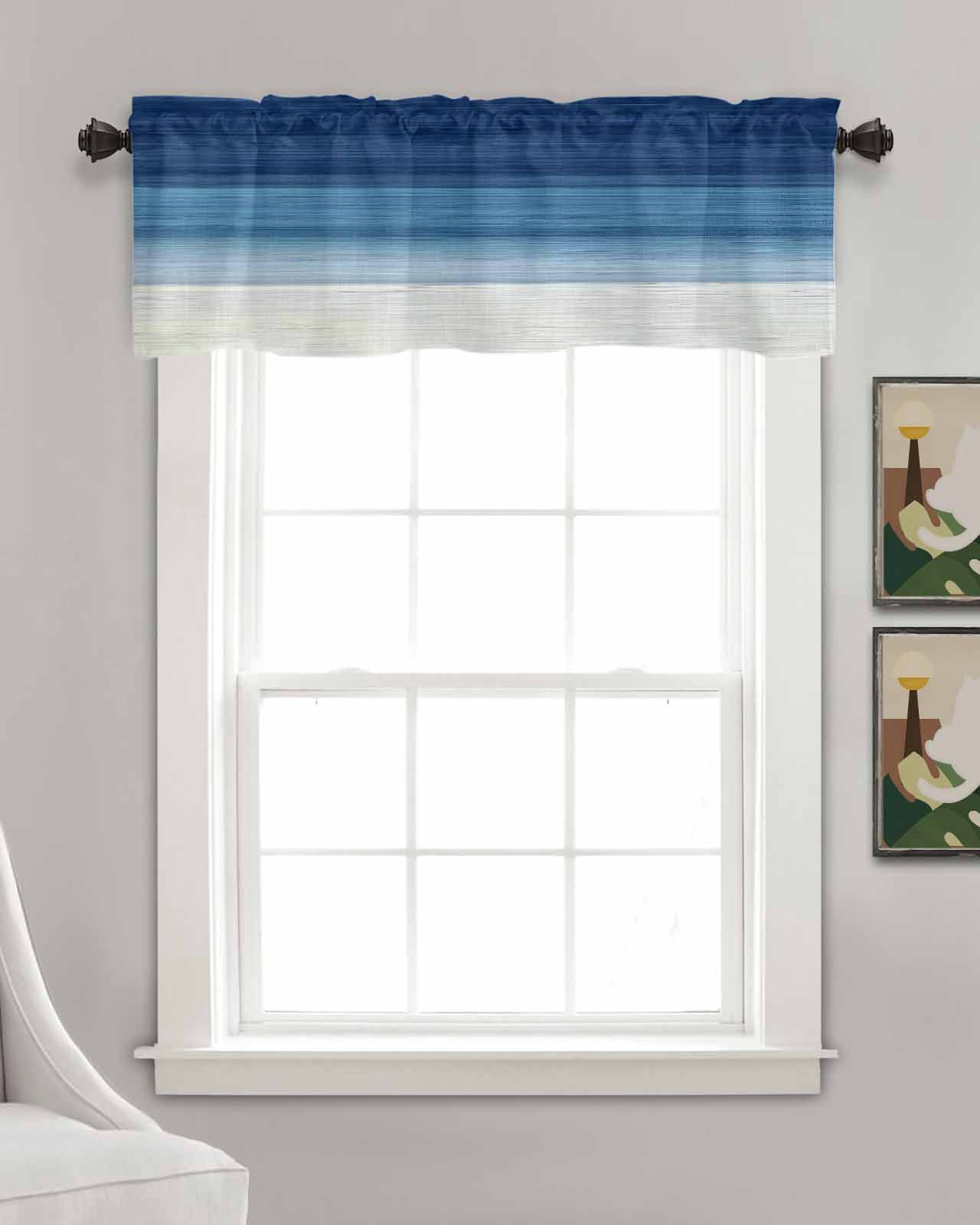 Navy Blue Striped Kitchen Valances for Windows Farmhouse Linen Window Valance Curtain for Living Room Window Treatment Modern Abstract Art Farmhouse Stripe Valance Rod Pocket Topper, 42 x 18 Inch