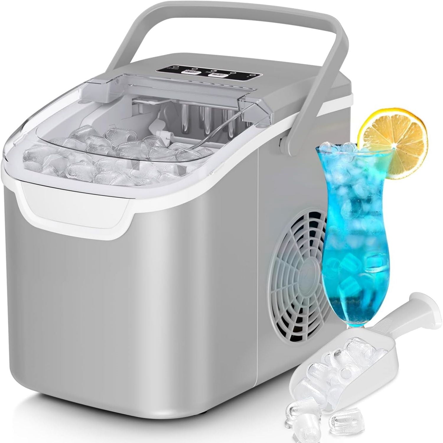 Countertop Ice Maker Machine, 8 Ice Cubes in 6 mins, 26lb/Day Bullet Ice with 2 Sizes- Portable Mini, Energy Saving & Basket/Scoop for Home/Party/Travel/Camping/Bar,Grey